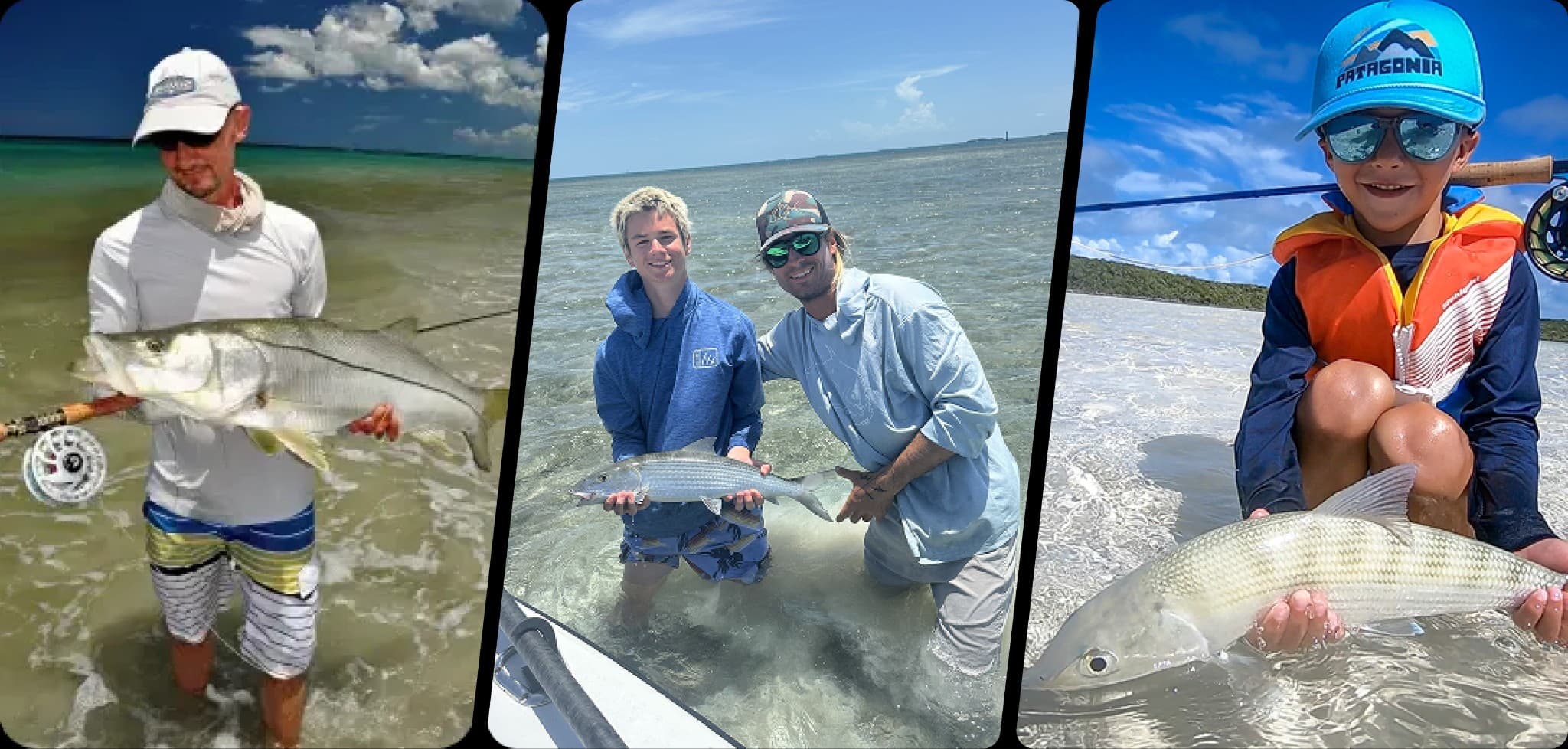 Anglers and families with their catches in shallow tropical water